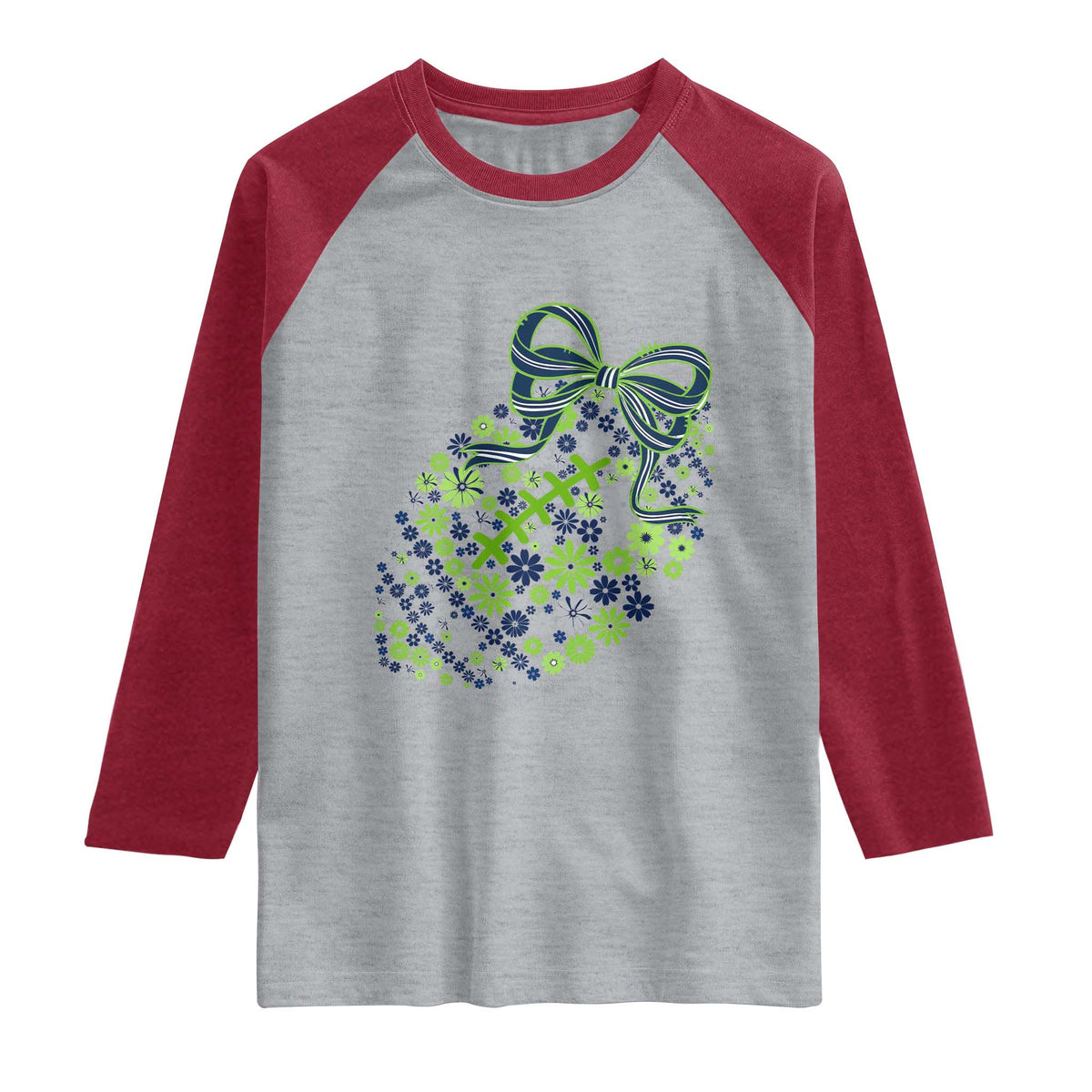 Floral Football With Bow Green And Blue Raglan Shirt Game Day Sports Fan TS12 Heather Gray Heather Red Print Your Wear