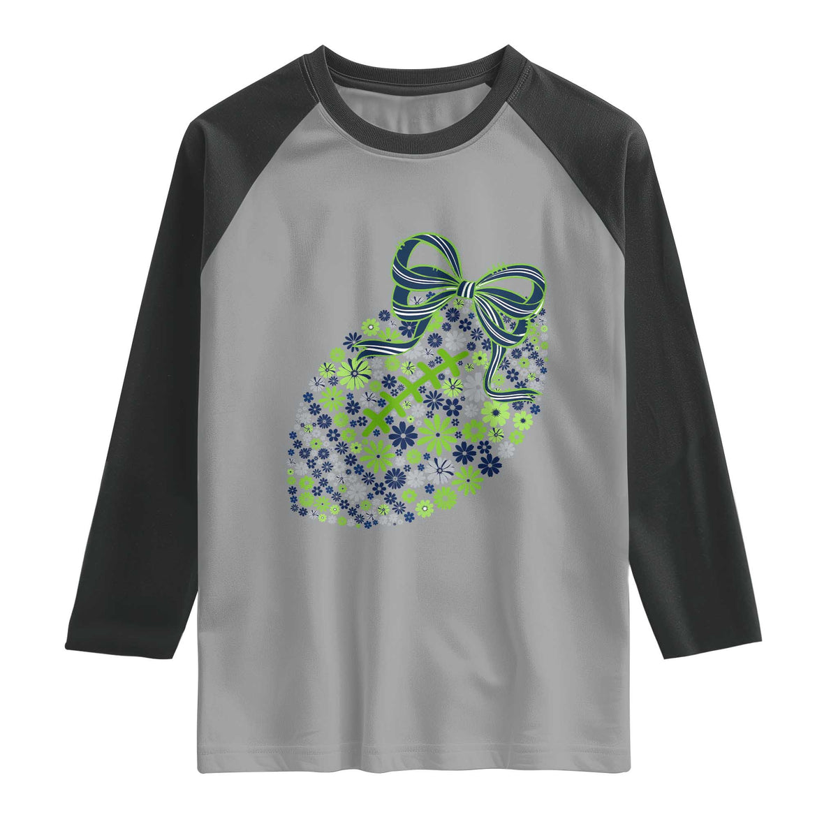 Floral Football With Bow Green And Blue Raglan Shirt Game Day Sports Fan TS12 Sport Gray Black Print Your Wear