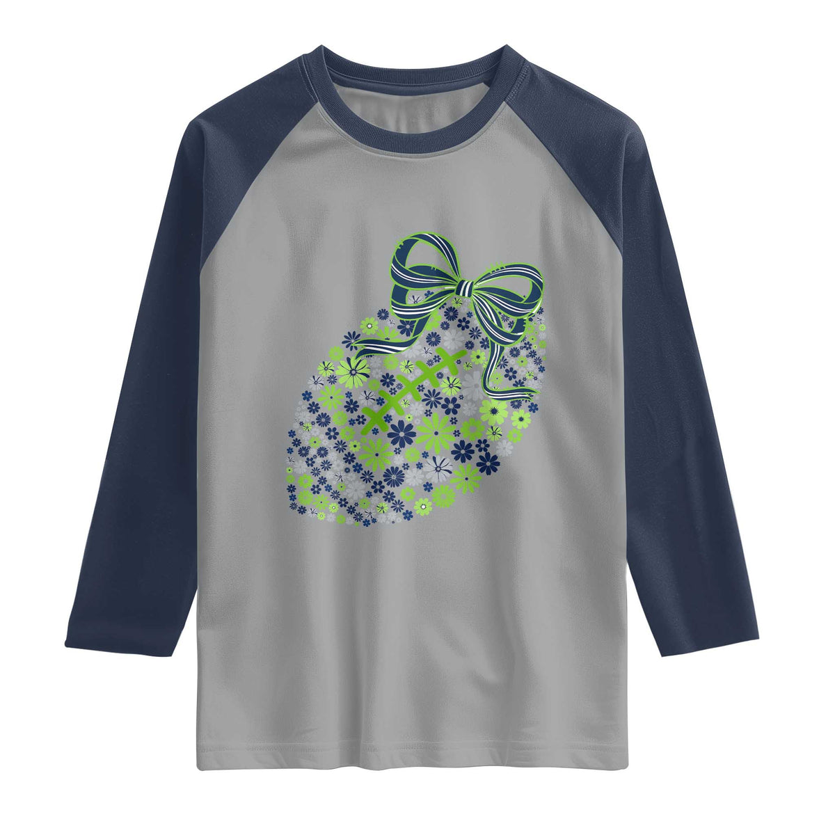 Floral Football With Bow Green And Blue Raglan Shirt Game Day Sports Fan TS12 Sport Gray Navy Print Your Wear