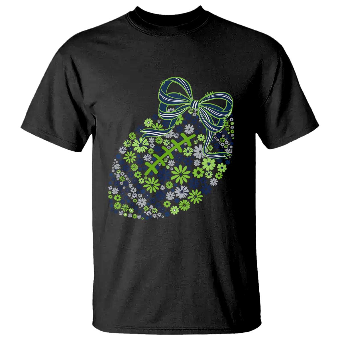 Floral Football With Bow Green And Blue T Shirt Game Day Sports Fan TS12 Black Print Your Wear