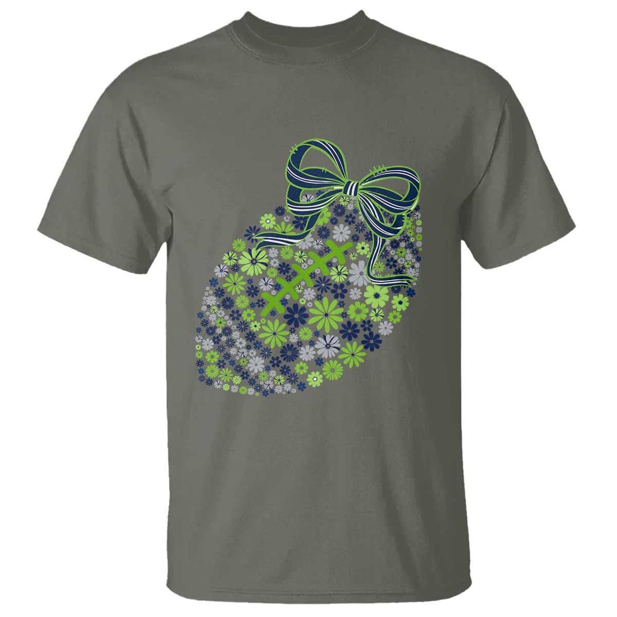 Floral Football With Bow Green And Blue T Shirt Game Day Sports Fan TS12 Military Green Print Your Wear