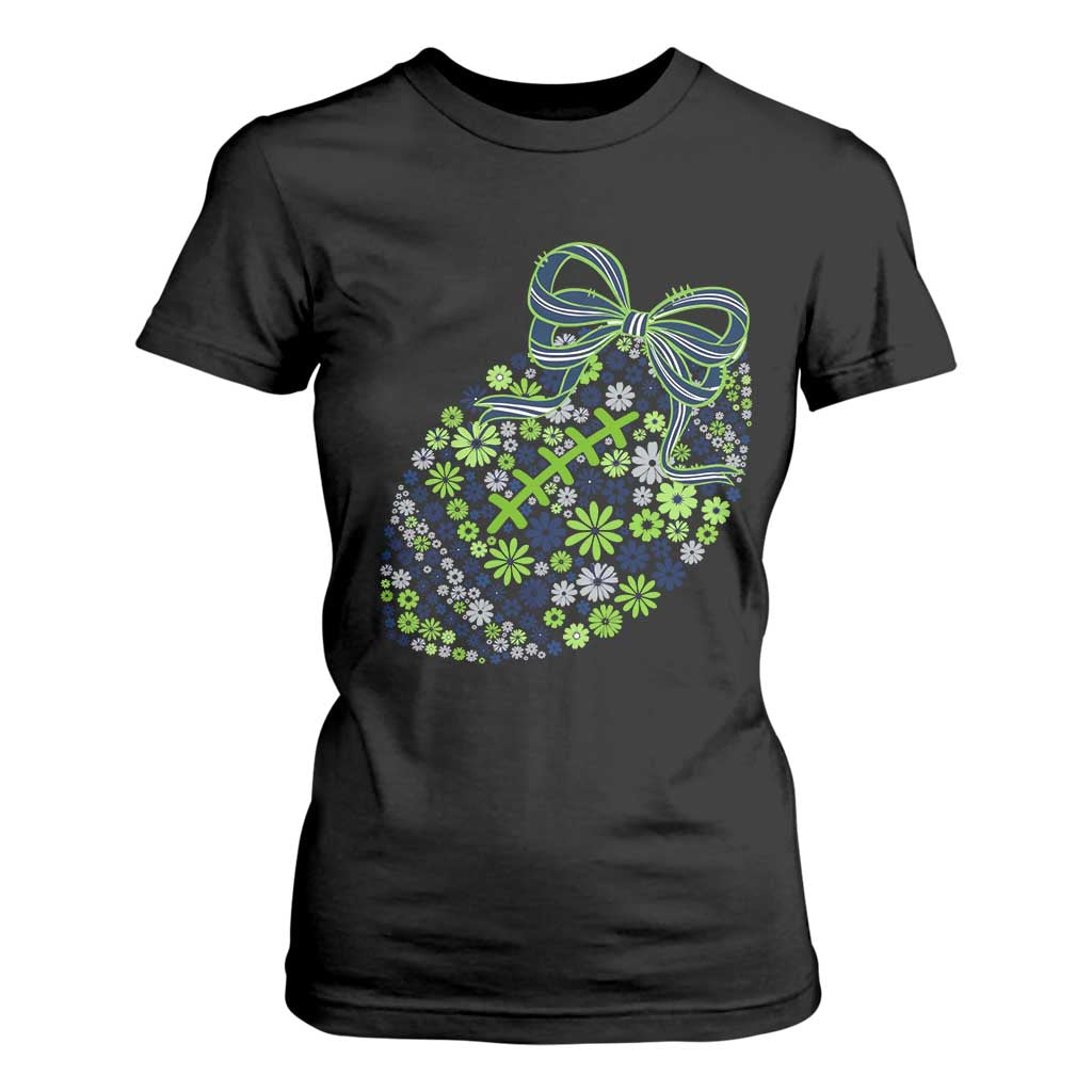 Floral Football With Bow Green And Blue T Shirt For Women Game Day Sports Fan TS12 Black Print Your Wear