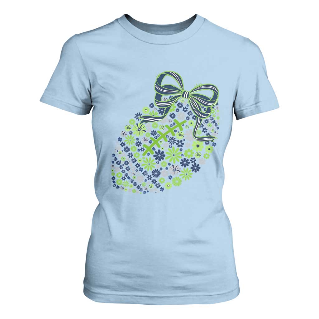 Floral Football With Bow Green And Blue T Shirt For Women Game Day Sports Fan TS12 Light Blue Print Your Wear
