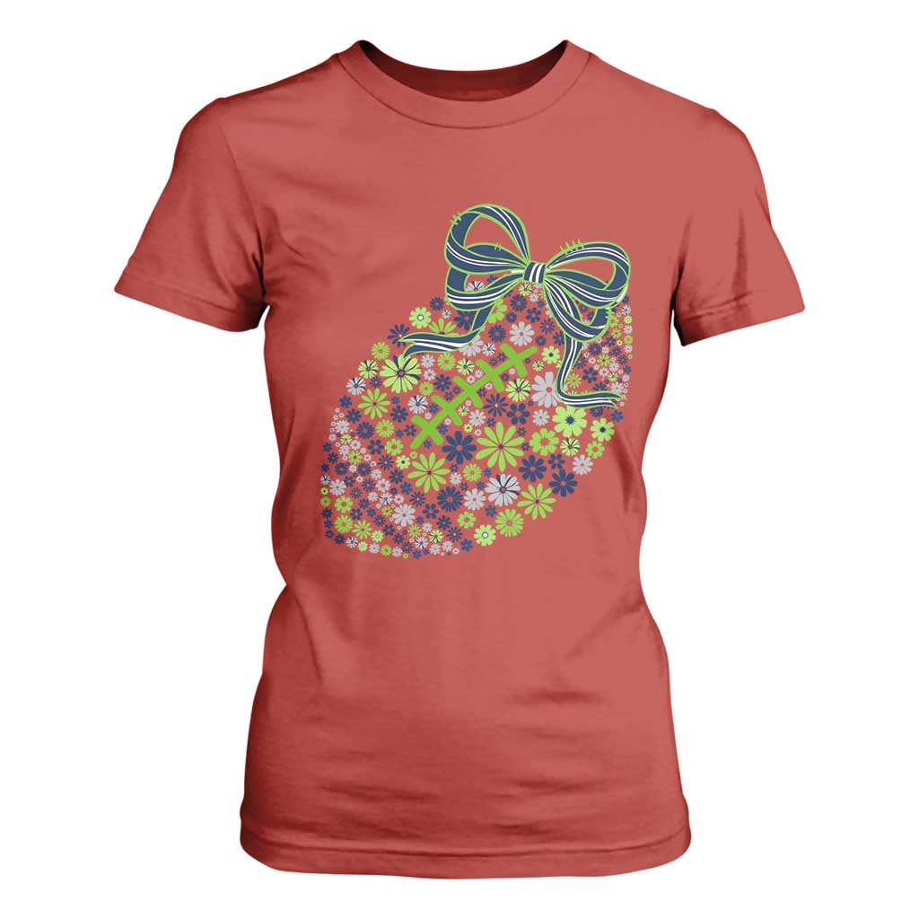 Floral Football With Bow Green And Blue T Shirt For Women Game Day Sports Fan TS12 Red Print Your Wear