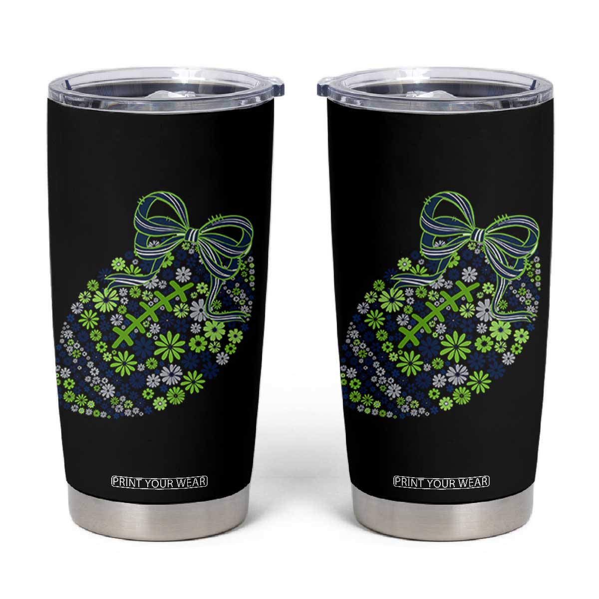 Floral Football With Bow Green And Blue Tumbler Cup Game Day Sports Fan TS12 Black Print Your Wear