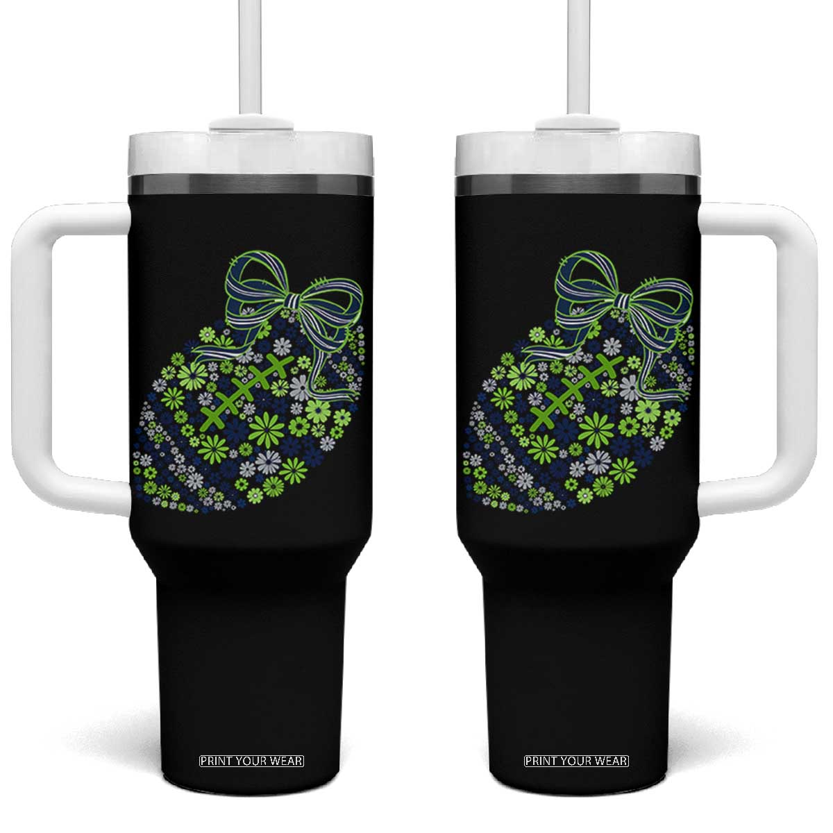 Floral Football With Bow Green And Blue Tumbler With Handle Game Day Sports Fan TS12 One Size: 40 oz Black Print Your Wear
