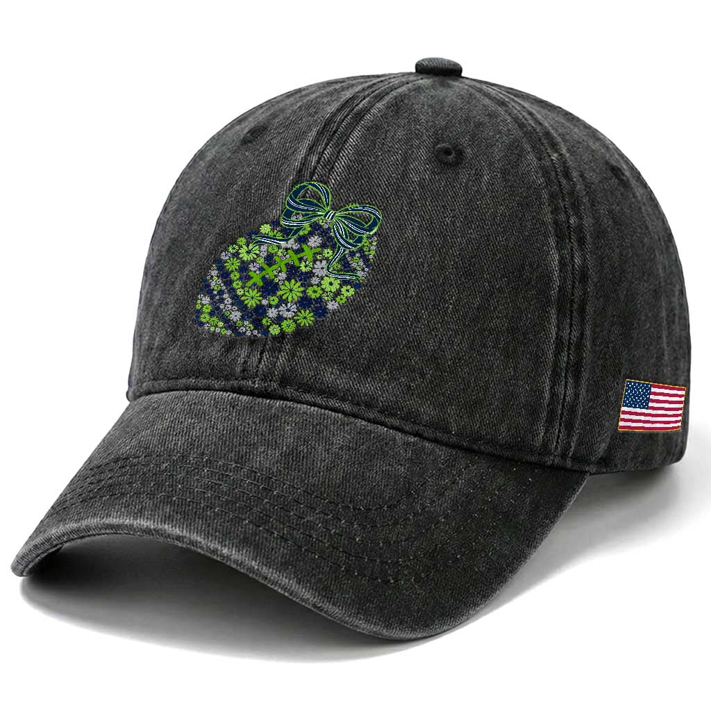 Floral Football With Bow Green And Blue Washed Cotton Baseball Cap Game Day Sports Fan
