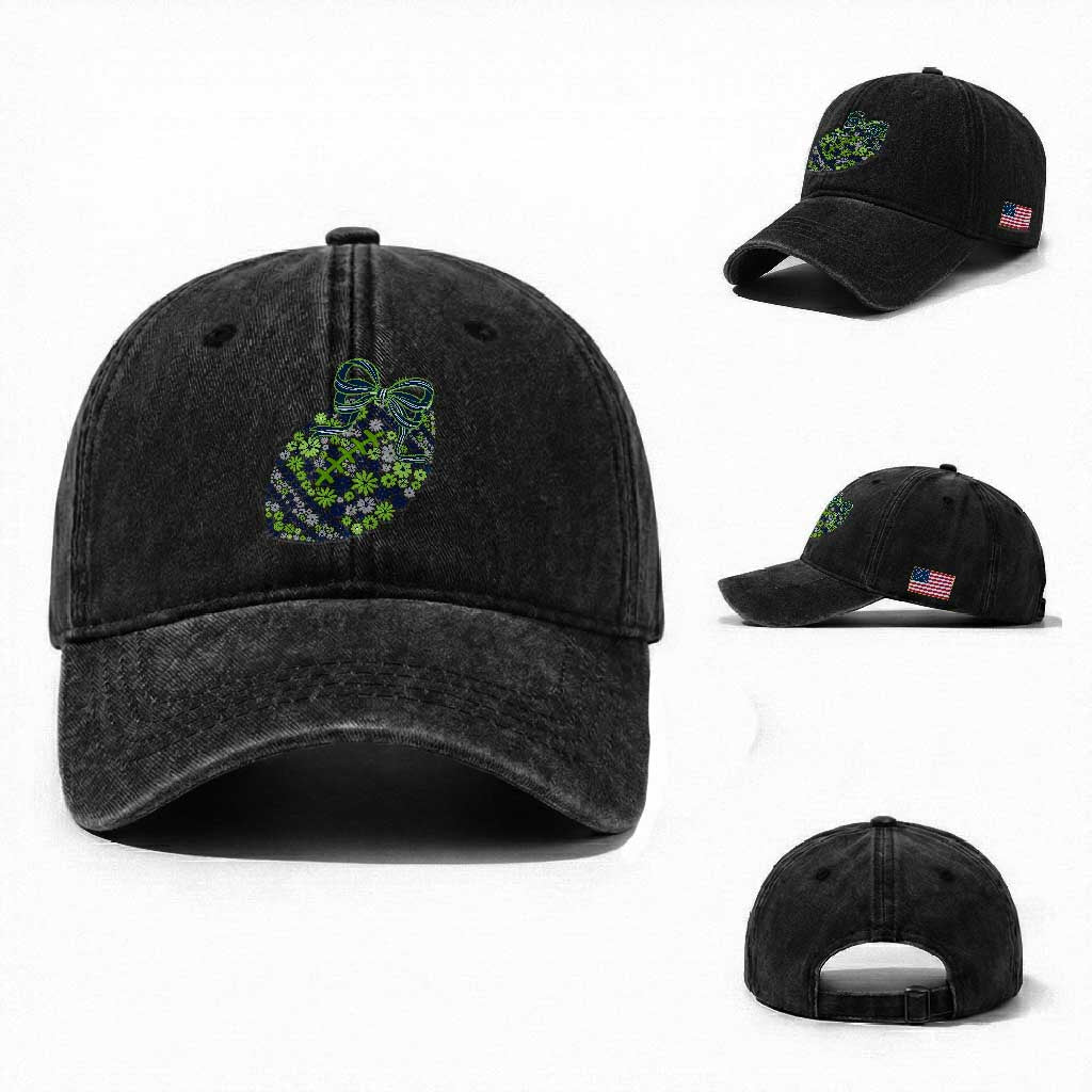 Floral Football With Bow Green And Blue Washed Cotton Baseball Cap Game Day Sports Fan