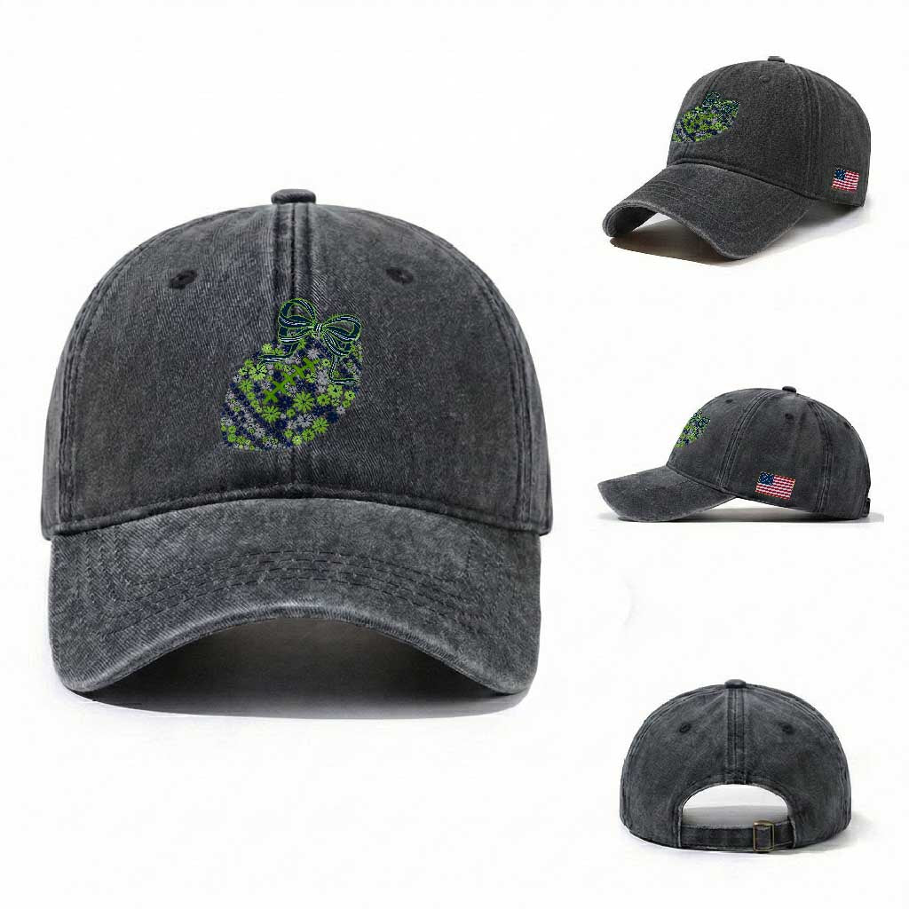 Floral Football With Bow Green And Blue Washed Cotton Baseball Cap Game Day Sports Fan