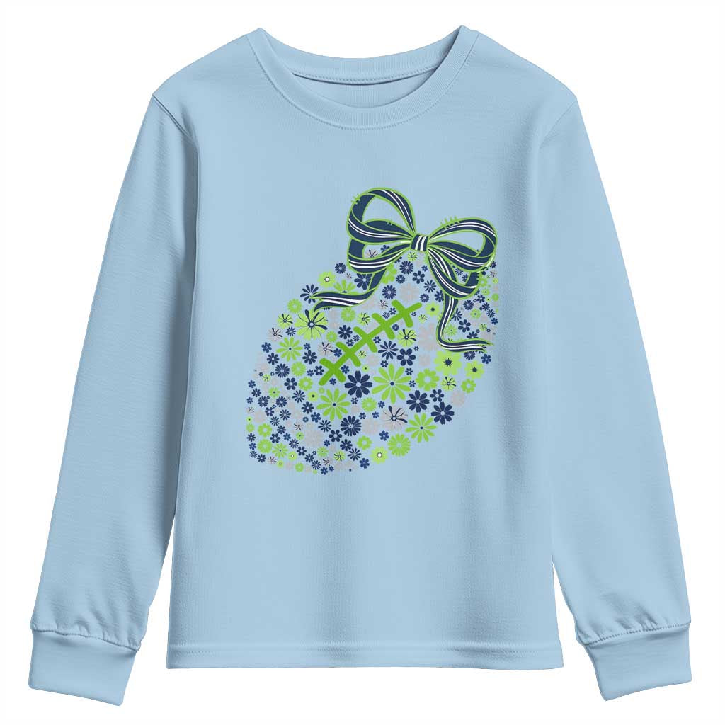 Floral Football With Bow Green And Blue Youth Sweatshirt Game Day Sports Fan TS12 Light Blue Print Your Wear