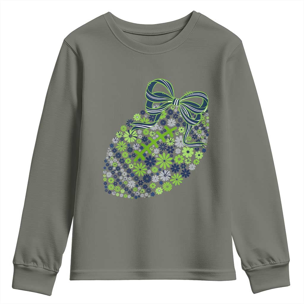 Floral Football With Bow Green And Blue Youth Sweatshirt Game Day Sports Fan TS12 Military Green Print Your Wear