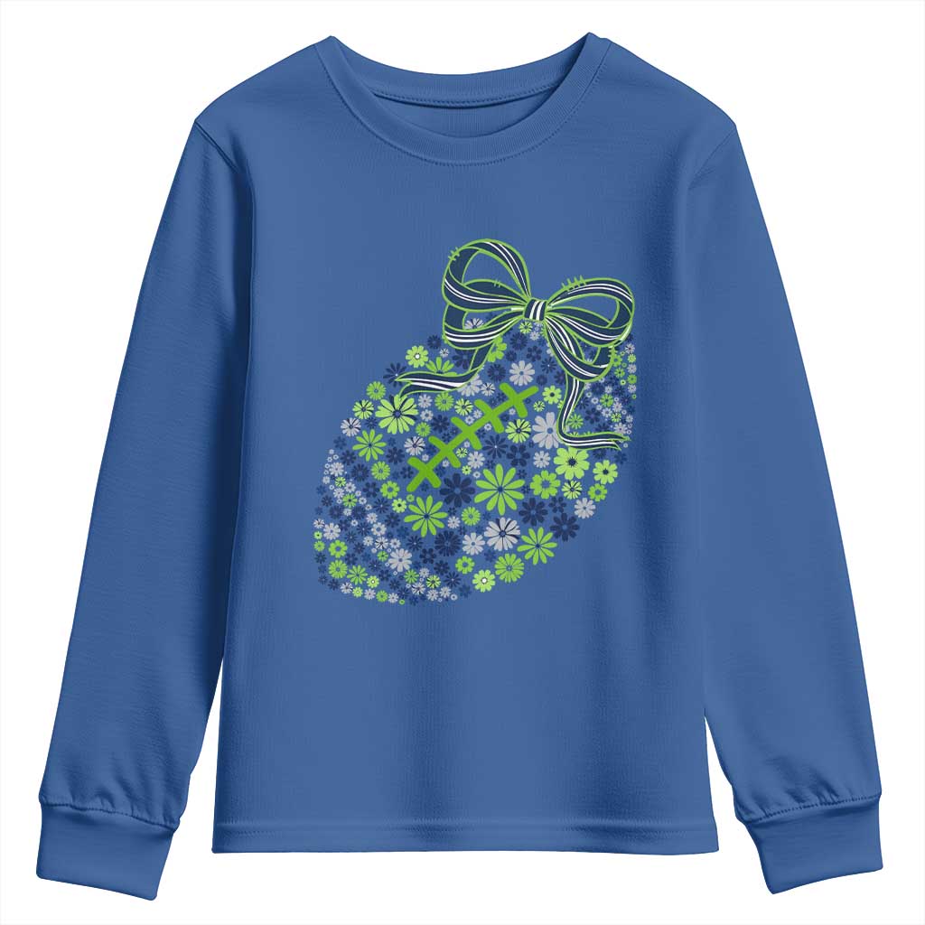 Floral Football With Bow Green And Blue Youth Sweatshirt Game Day Sports Fan TS12 Royal Blue Print Your Wear