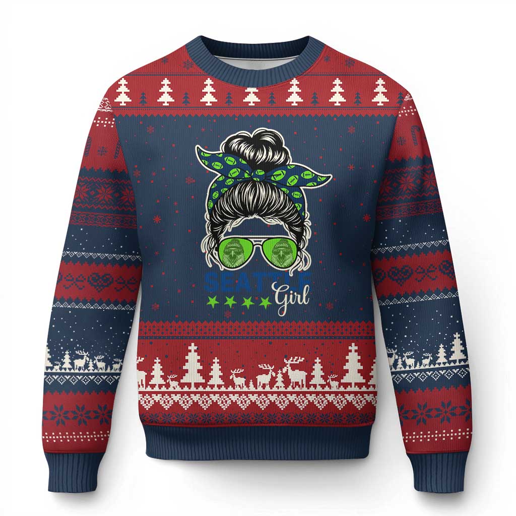 Seattle Girl Football Ugly Christmas Sweater Messy Bun Game Day Sports Fan TS12 Navy Red Print Your Wear