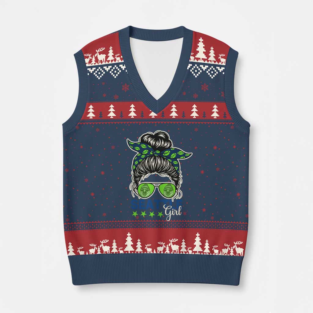 Seattle Girl Football V-Neck Knit Sweater Vest Messy Bun Game Day Sports Fan TS12 Navy Red Print Your Wear