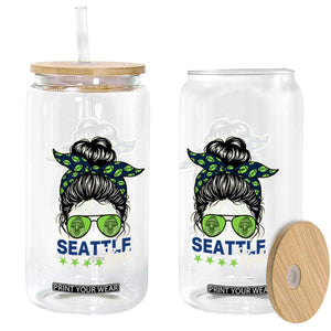 Seattle Girl Football Glass Can Messy Bun Game Day Sports Fan