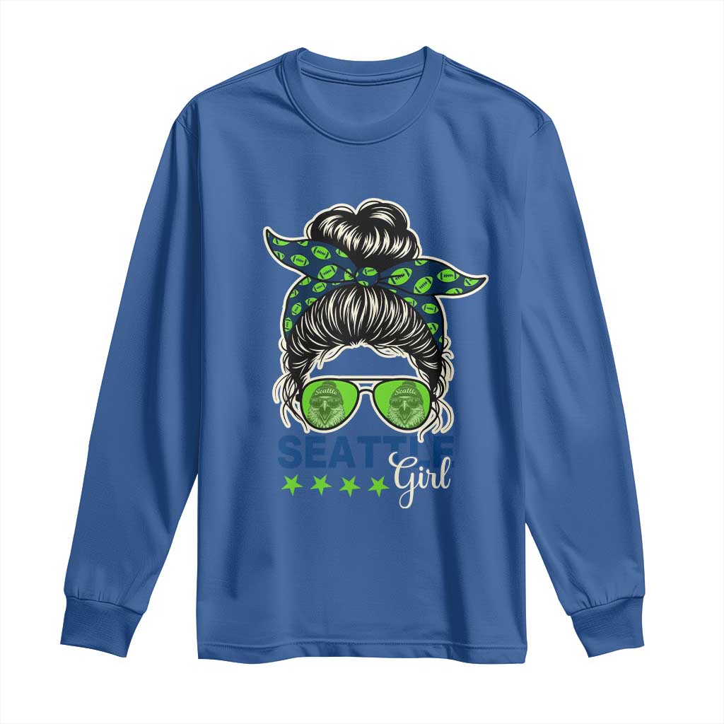 Seattle Girl Football Long Sleeve Shirt Messy Bun Game Day Sports Fan TS12 Royal Blue Print Your Wear