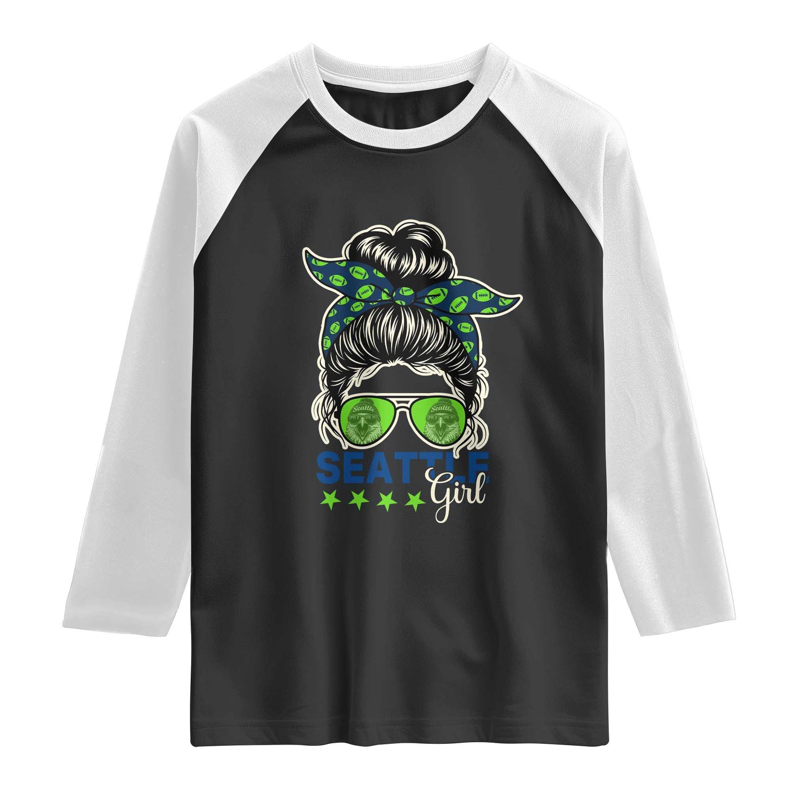 Seattle Girl Football Raglan Shirt Messy Bun Game Day Sports Fan TS12 Black White Print Your Wear