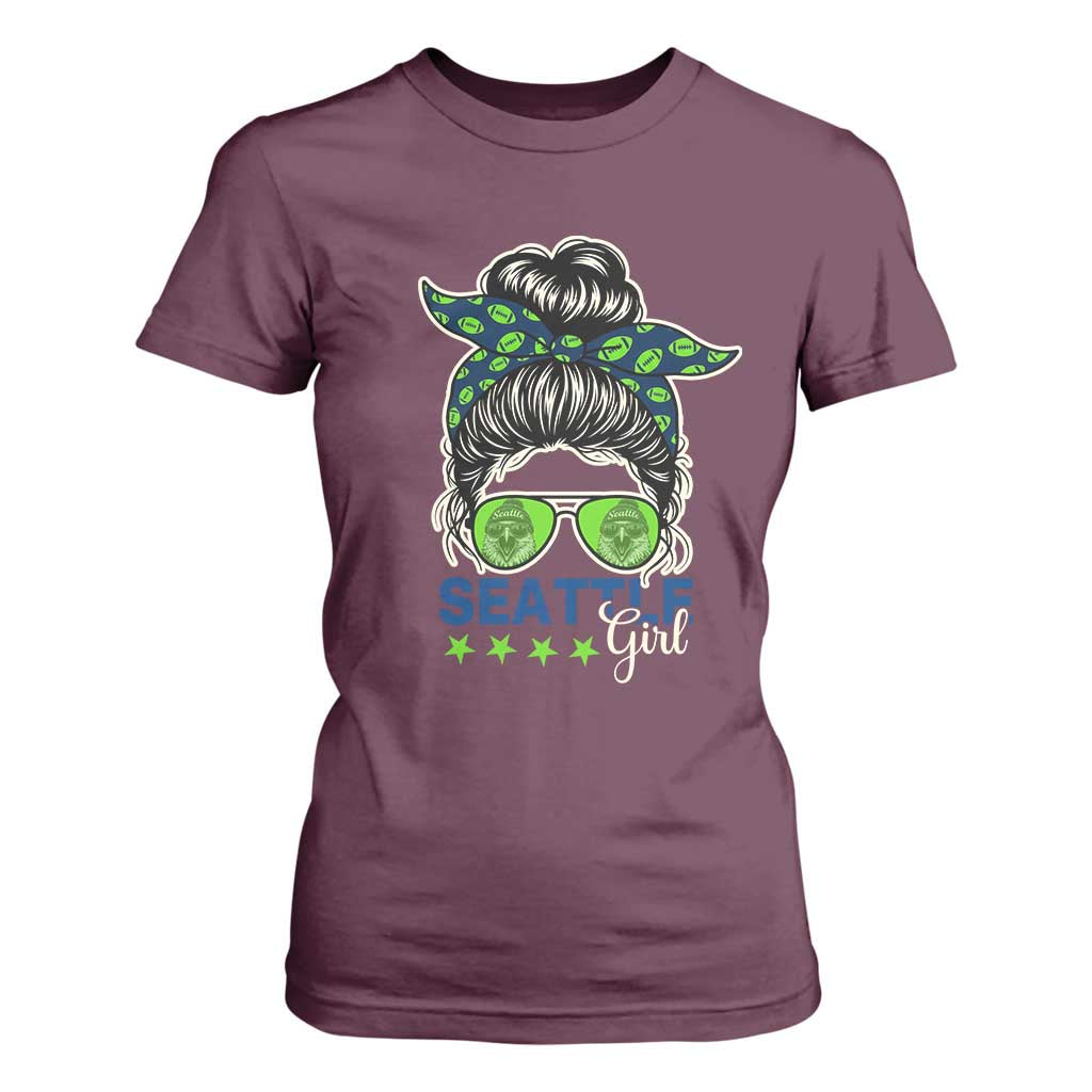 Seattle Girl Football T Shirt For Women Messy Bun Game Day Sports Fan