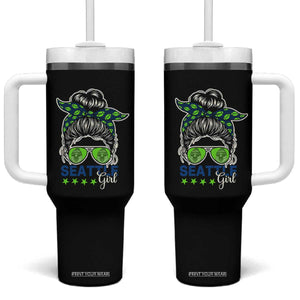 Seattle Girl Football Tumbler With Handle Messy Bun Game Day Sports Fan