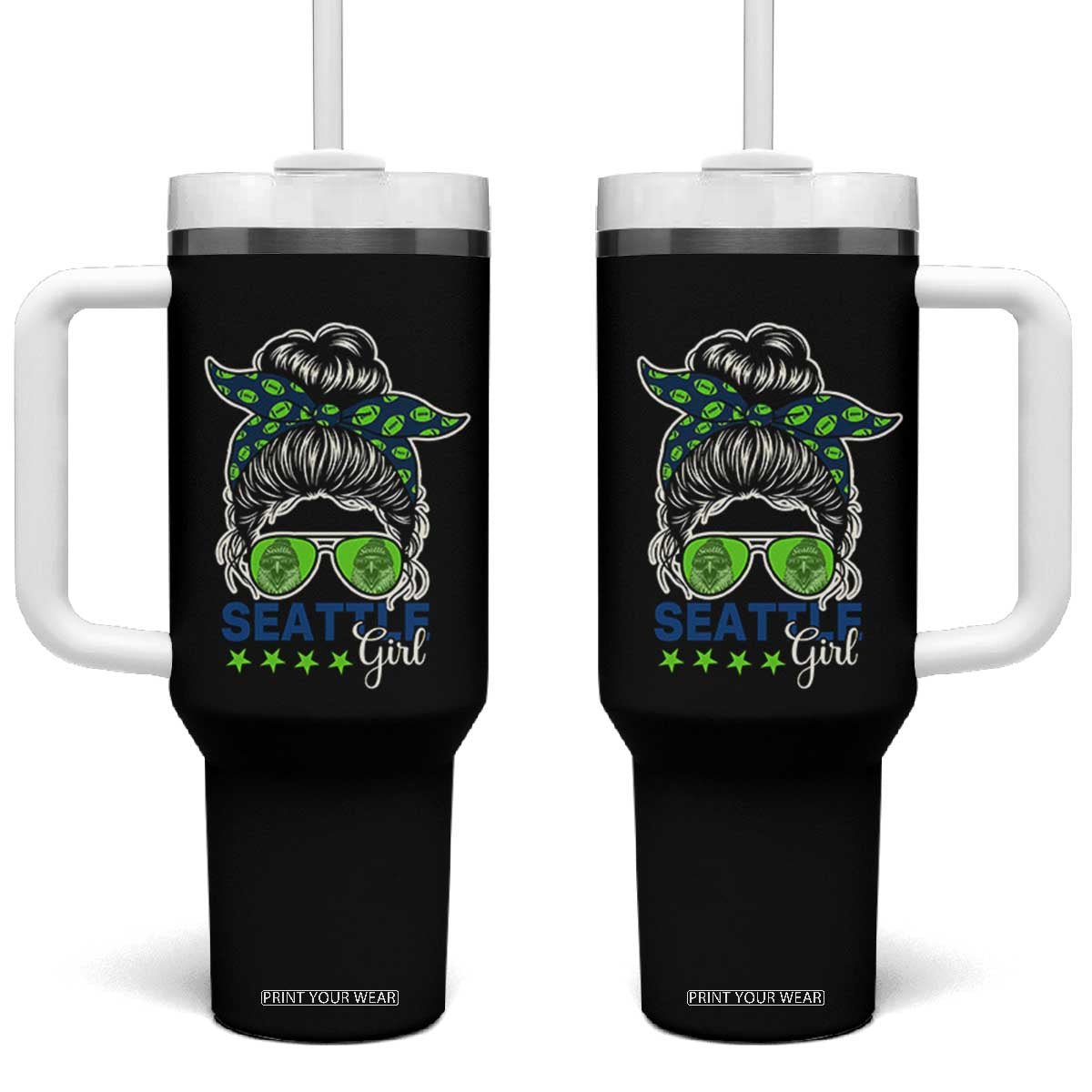 Seattle Girl Football Tumbler With Handle Messy Bun Game Day Sports Fan TS12 One Size: 40 oz Black Print Your Wear