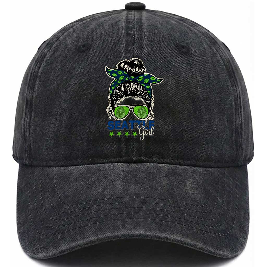 Seattle Girl Football Washed Cotton Baseball Cap Messy Bun Game Day Sports Fan TS12 Print Your Wear