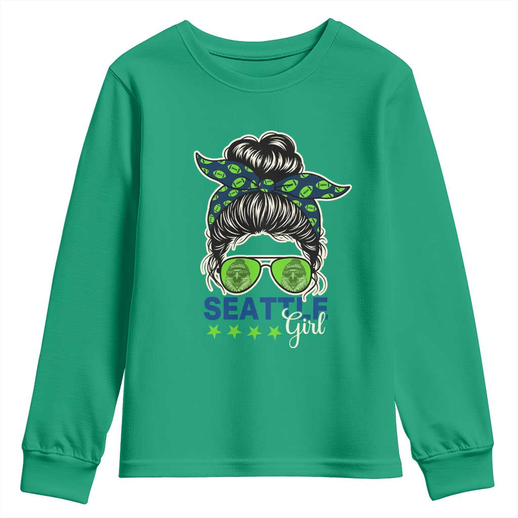 Seattle Girl Football Youth Sweatshirt Messy Bun Game Day Sports Fan