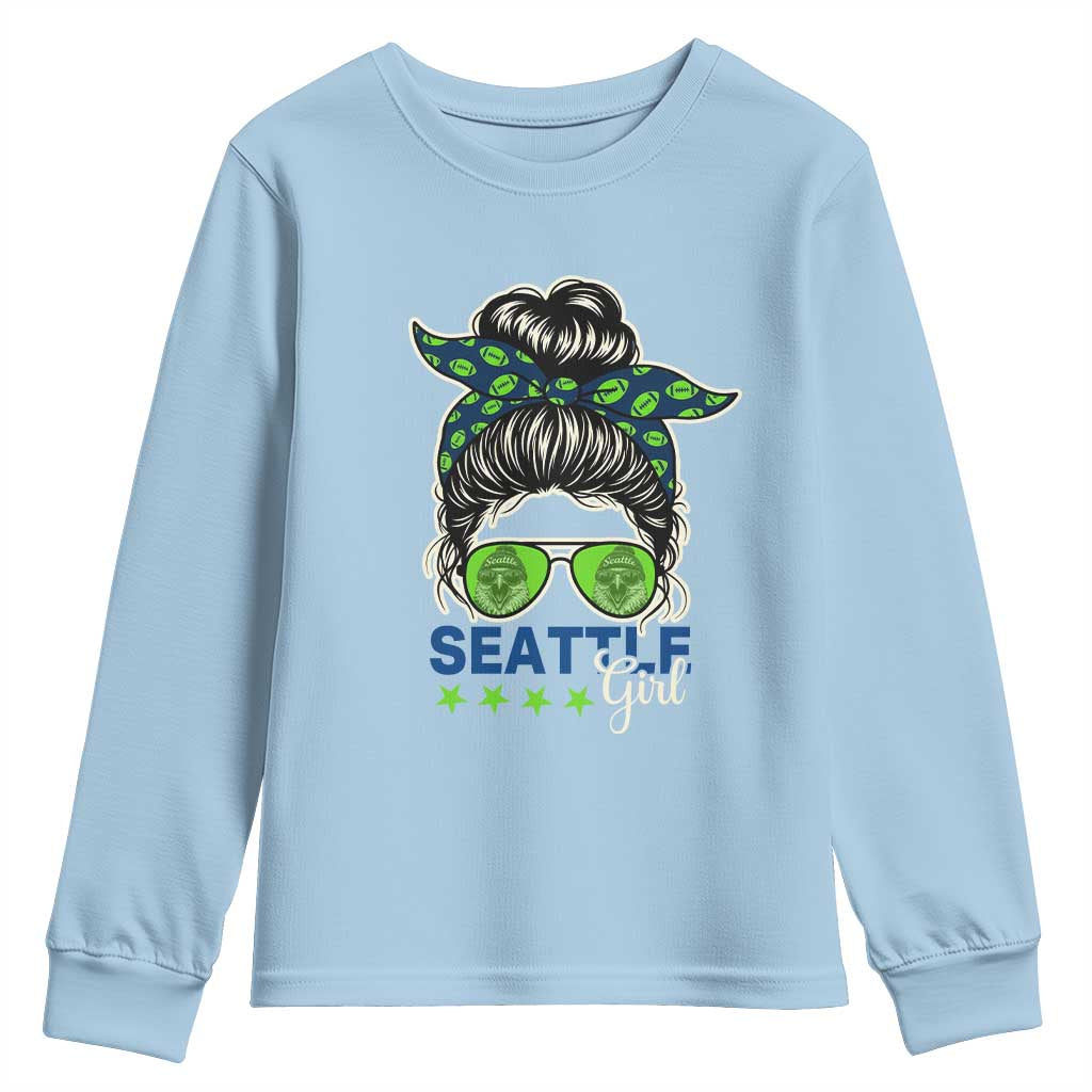 Seattle Girl Football Youth Sweatshirt Messy Bun Game Day Sports Fan