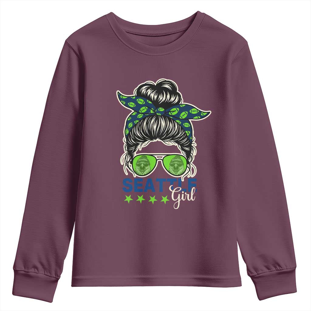 Seattle Girl Football Youth Sweatshirt Messy Bun Game Day Sports Fan