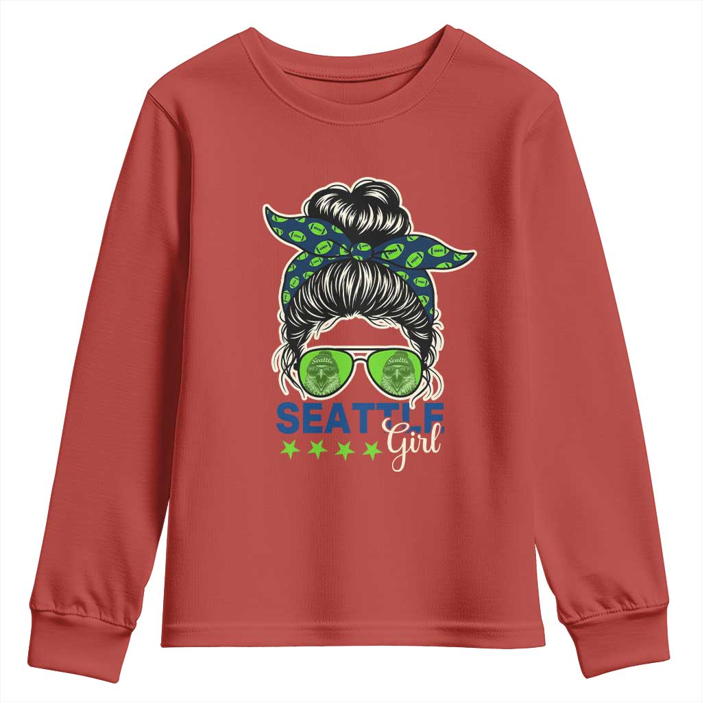 Seattle Girl Football Youth Sweatshirt Messy Bun Game Day Sports Fan