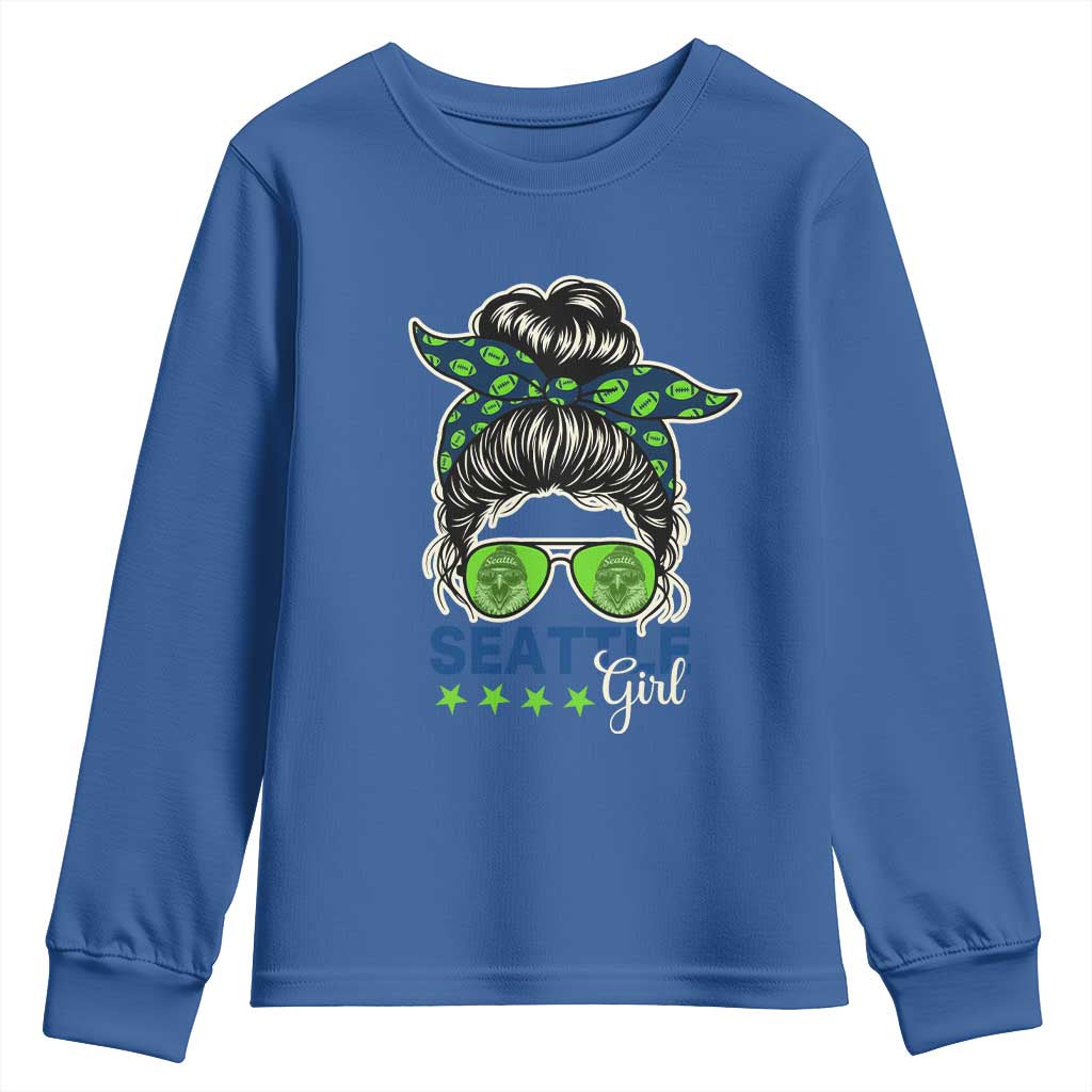 Seattle Girl Football Youth Sweatshirt Messy Bun Game Day Sports Fan TS12 Royal Blue Print Your Wear