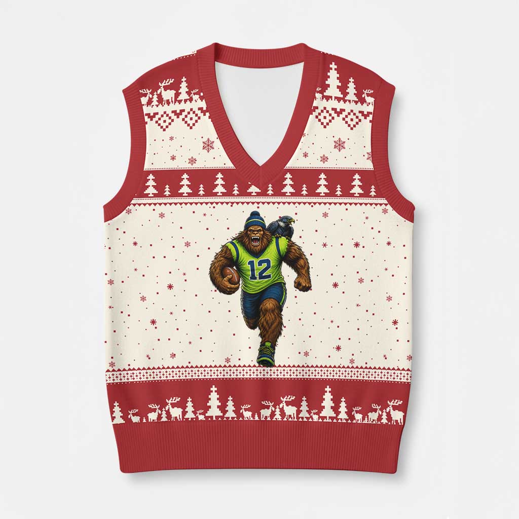 SeaSquatch Football Fan V-Neck Knit Sweater Vest Bigfoot Seattle Sports Pride Graphic TS12 Beige Red Print Your Wear