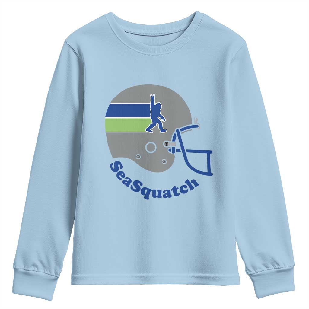 SeaSquatch Bigfoot Football Helmet Youth Sweatshirt Seattle Sports Fan Pride TS12 Light Blue Print Your Wear