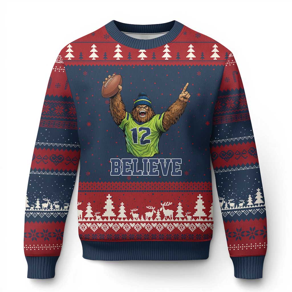 Funny Bigfoot Seattle Sports Fan Ugly Christmas Sweater Pacific Northwest Football Graphic TS12 Navy Red Print Your Wear