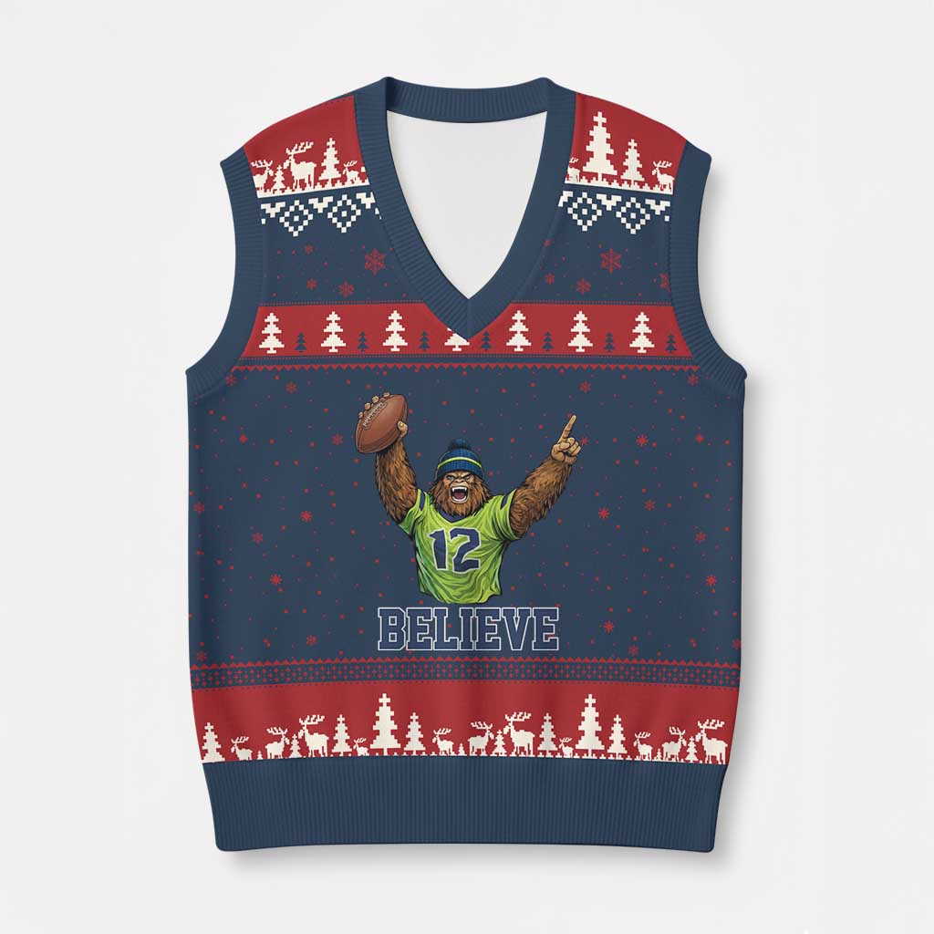 Funny Bigfoot Seattle Sports Fan V-Neck Knit Sweater Vest Pacific Northwest Football Graphic TS12 Navy Red Print Your Wear