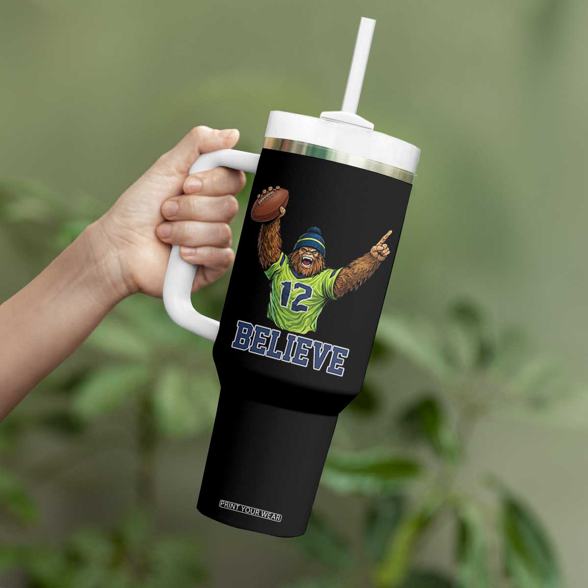 Funny Bigfoot Seattle Sports Fan Tumbler With Handle Pacific Northwest Football Graphic