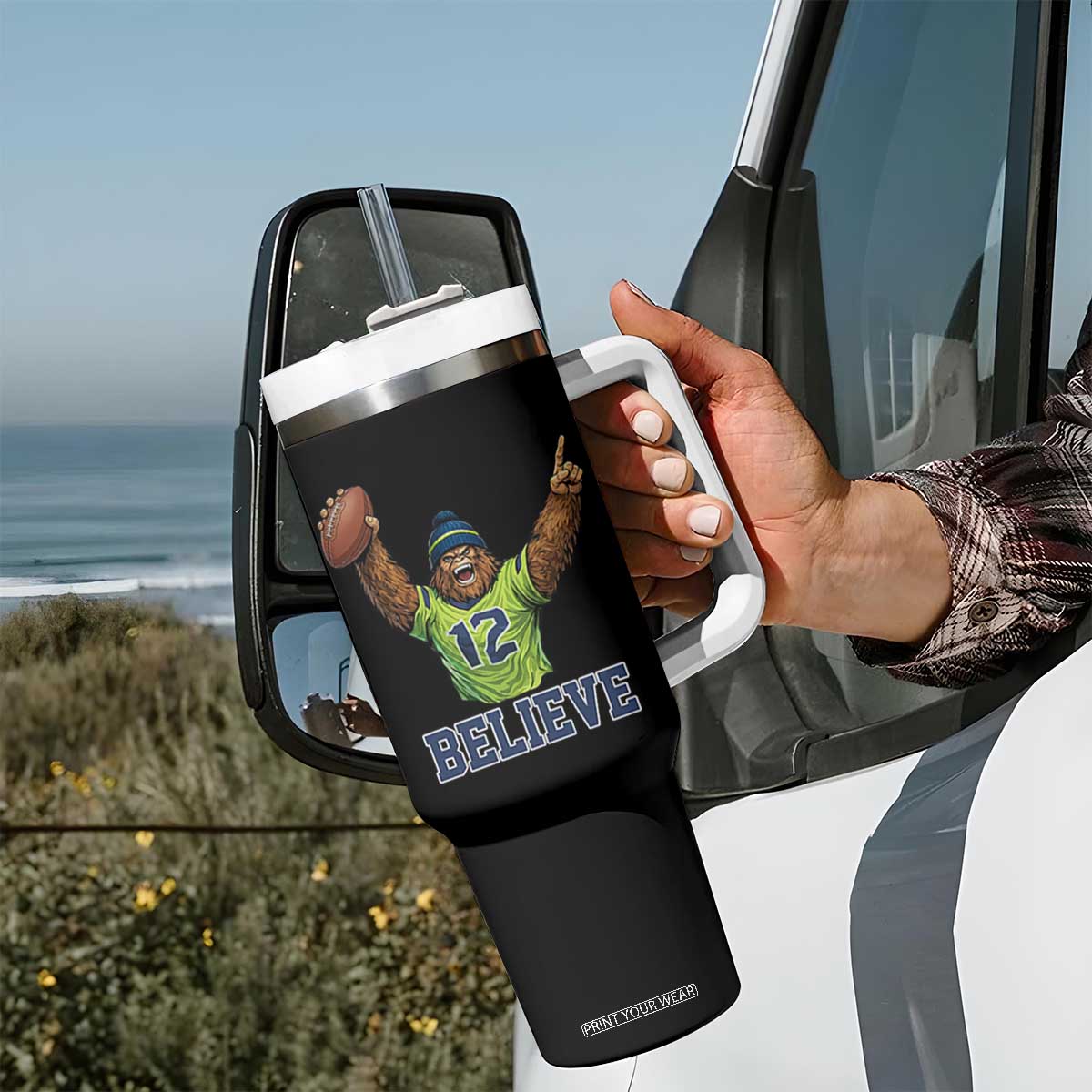 Funny Bigfoot Seattle Sports Fan Tumbler With Handle Pacific Northwest Football Graphic