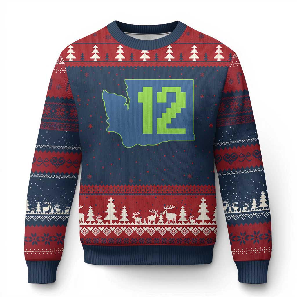 Washington State Map Number 12 Ugly Christmas Sweater Pacific Northwest Sports Fan TS12 Navy Red Print Your Wear