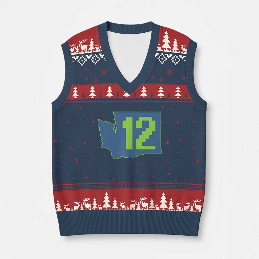 Washington State Map Number 12 V-Neck Knit Sweater Vest Pacific Northwest Sports Fan TS12 Navy Red Print Your Wear