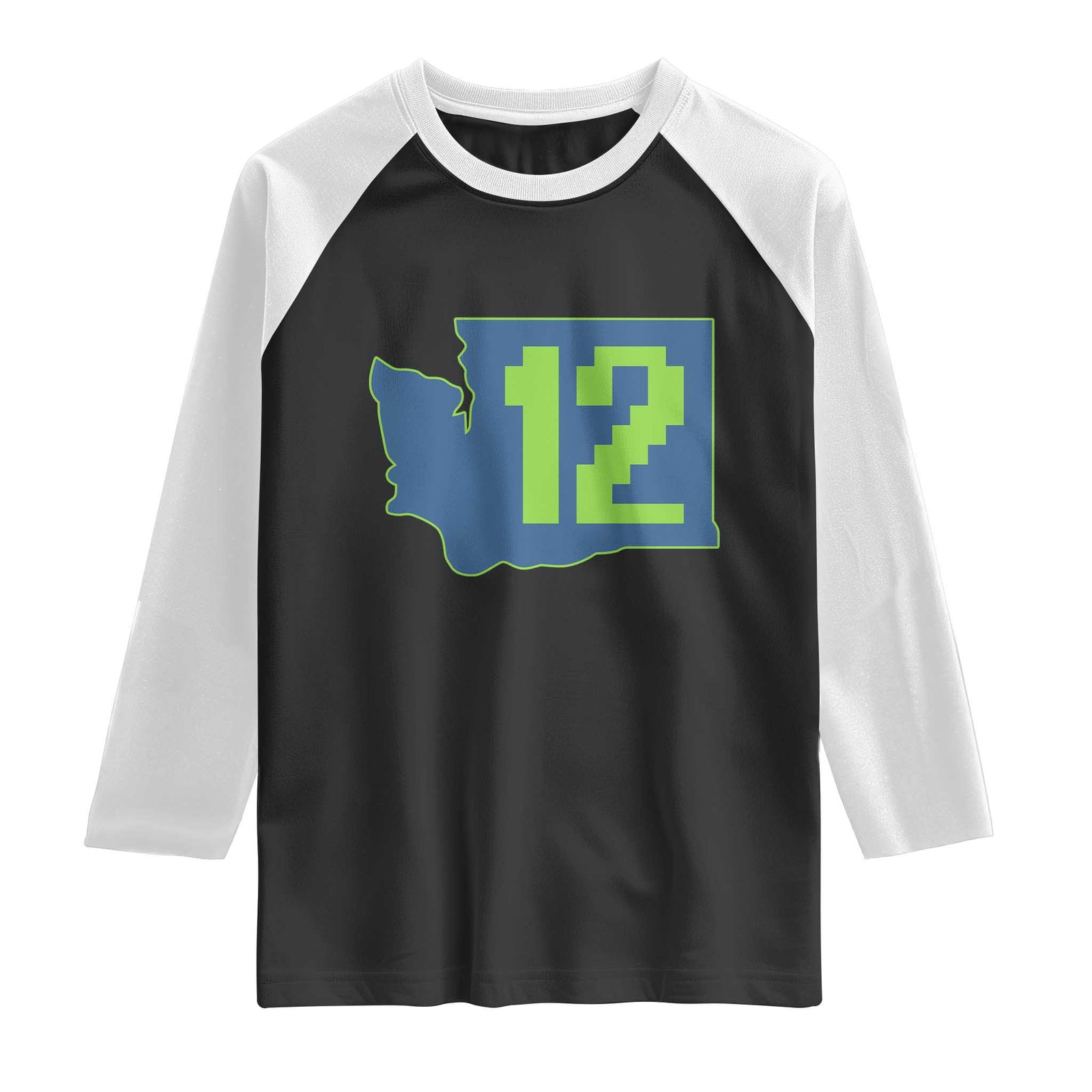 Washington State Map Number 12 Raglan Shirt Pacific Northwest Sports Fan TS12 Black White Print Your Wear