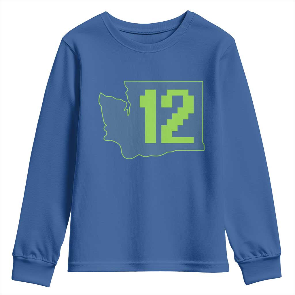 Washington State Map Number 12 Youth Sweatshirt Pacific Northwest Sports Fan TS12 Royal Blue Print Your Wear