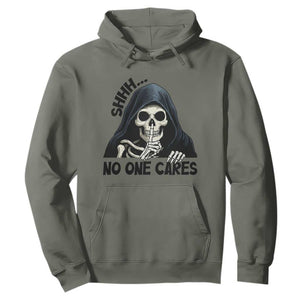 Funny Skeleton Humor Hoodie Shhh No One Cares TS12 Military Green Print Your Wear
