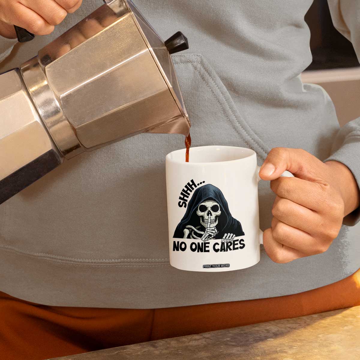 Funny Skeleton Humor Coffee Mug Shhh No One Cares TS12 Print Your Wear