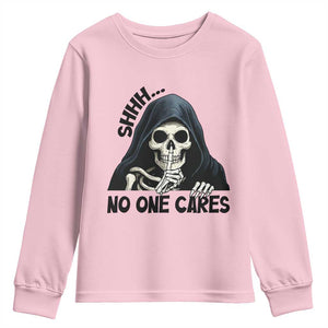 Funny Skeleton Humor Youth Sweatshirt Shhh No One Cares TS12 Light Pink Print Your Wear