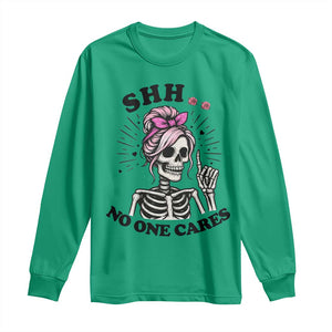 Funny Skeleton Sarcastic Long Sleeve Shirt Shhh No One Cares TS12 Irish Green Print Your Wear