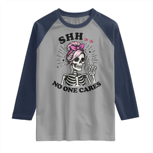 Funny Skeleton Sarcastic Raglan Shirt Shhh No One Cares TS12 Sport Gray Navy Print Your Wear