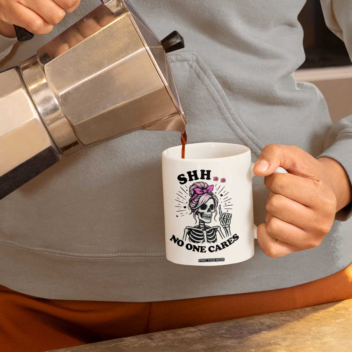 Funny Skeleton Sarcastic Coffee Mug Shhh No One Cares TS12 Print Your Wear