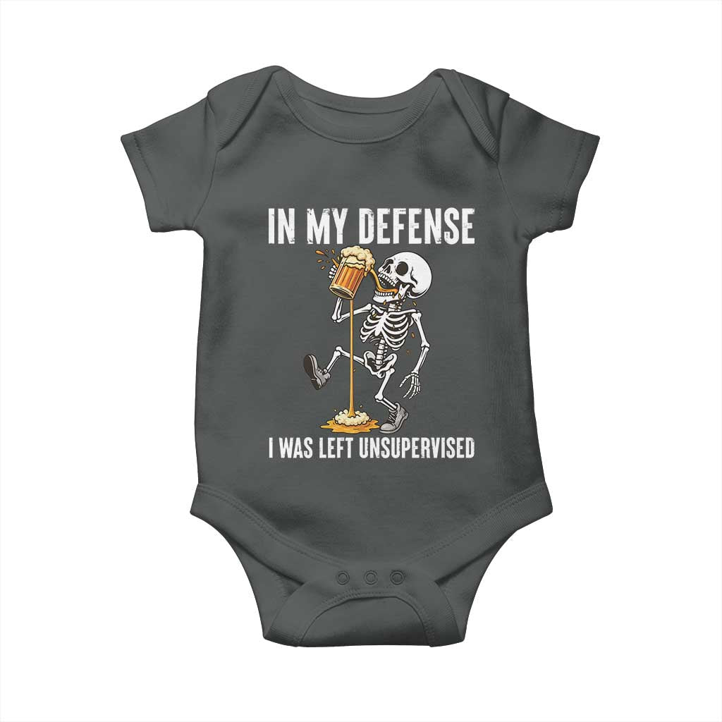 Funny Skeleton Beer Baby Onesie In My Defence I Was Left Unsupervised TS12 Dark Heather Print Your Wear