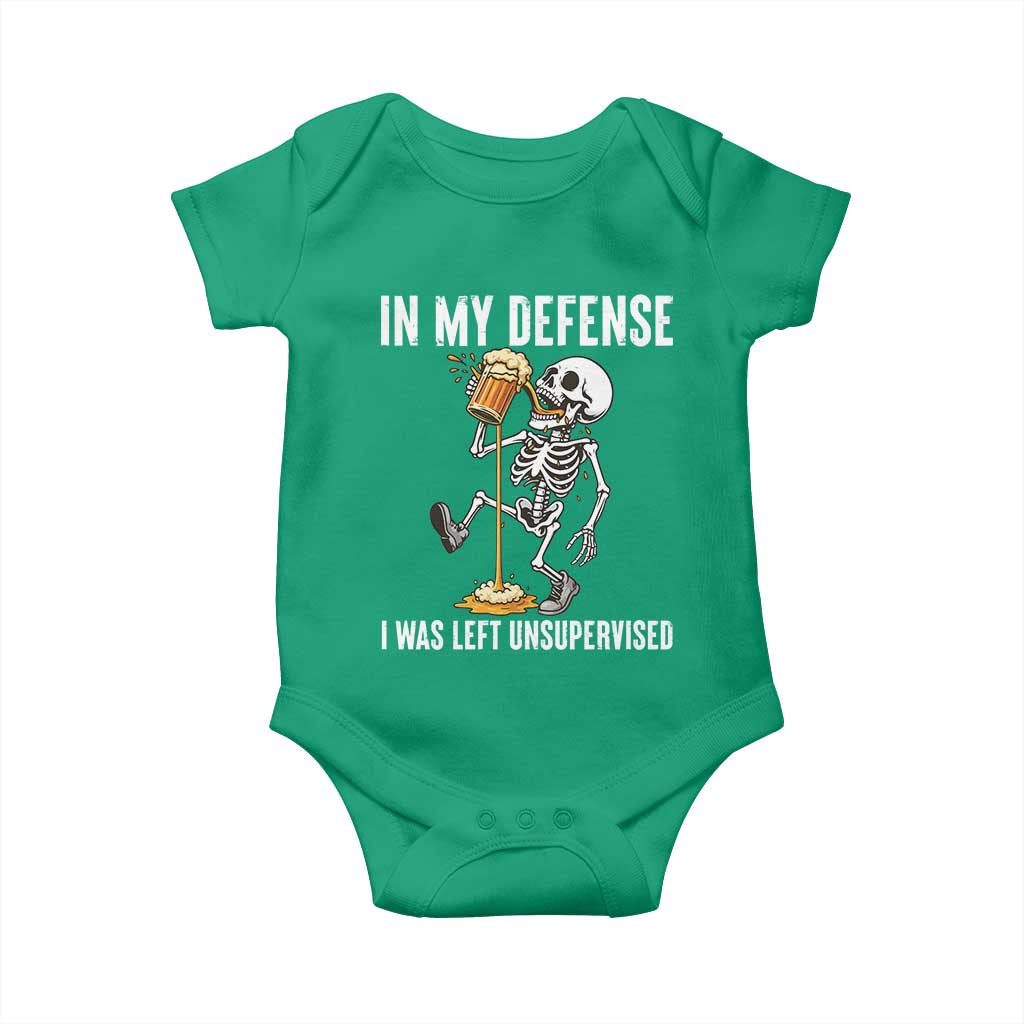 Funny Skeleton Beer Baby Onesie In My Defence I Was Left Unsupervised TS12 Irish Green Print Your Wear