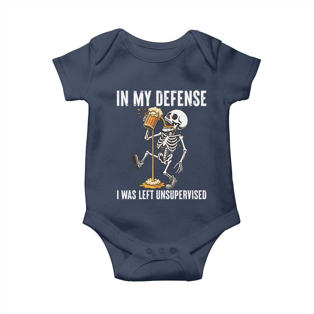 Funny Skeleton Beer Baby Onesie In My Defence I Was Left Unsupervised TS12 Navy Print Your Wear