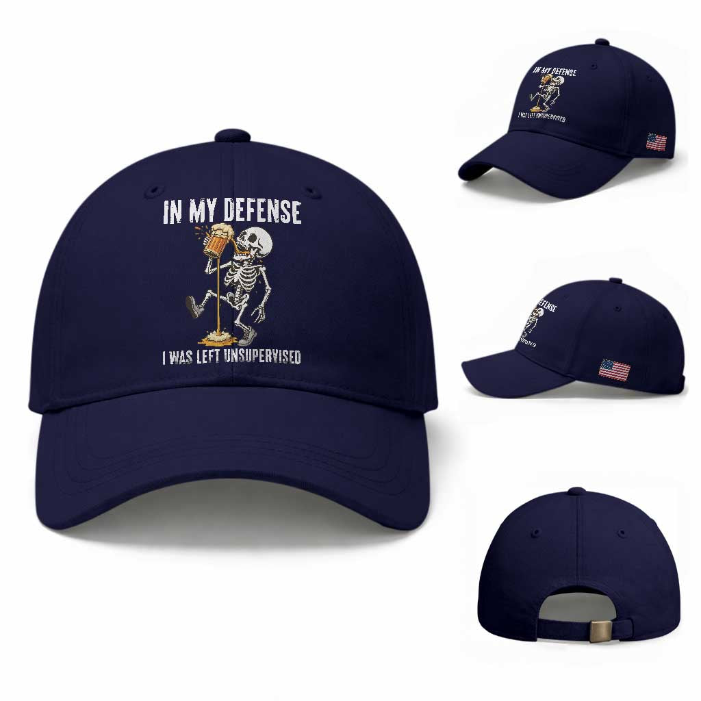 Funny Skeleton Beer Baseball Cap In My Defence I Was Left Unsupervised TS12 Baseball Cap Universal Fit Dark Blue Print Your Wear